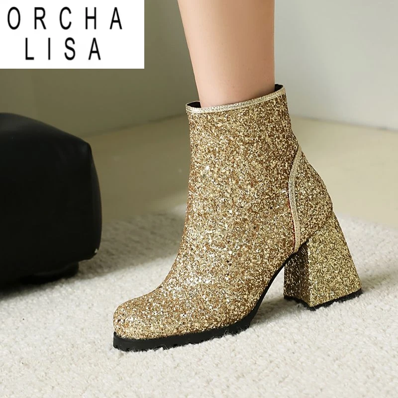 

ORCHA LISA 2025 Новый дизайн блестящих ботильонов для женщин с круглым носком на блочном каблуке 8,5 см на молнии Мода для свиданий Bota Плюс Размер 46 47 48