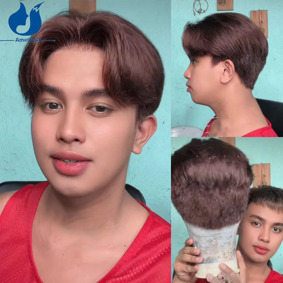 

Amethyst Brown Shaved Middle Part Men's Wig Short Boy Cut Brazilian Remy Human Hair Full Lace Straight Hair Wig