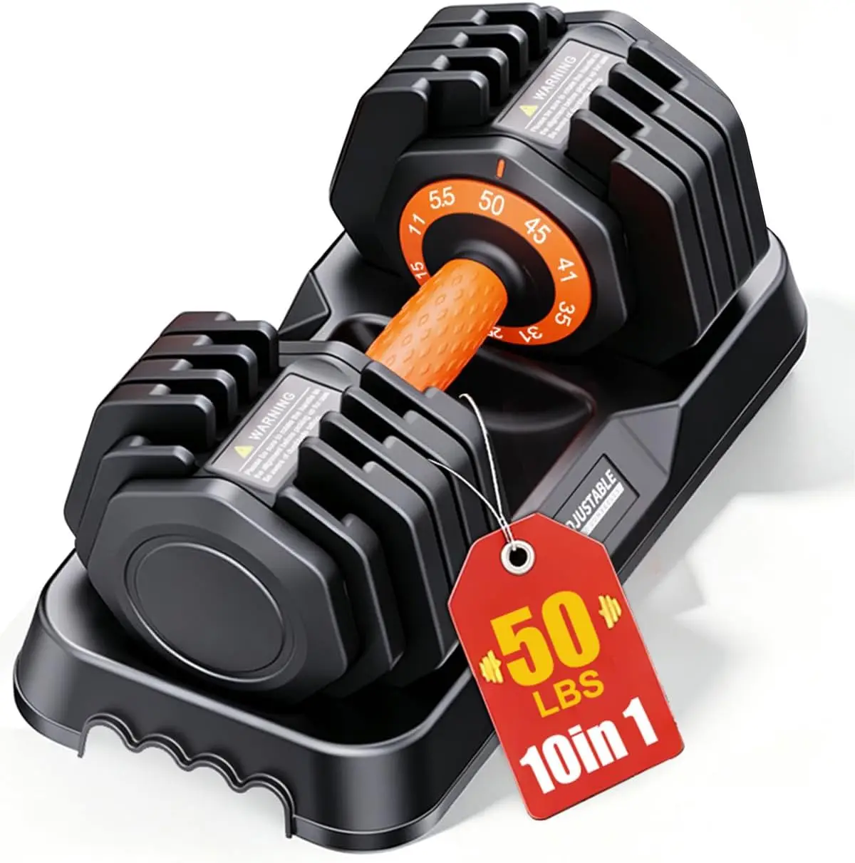 50LB Adjustable Dumbbell Set, 10-in-1 Free Weight with 1-Second Dial Adjustment, Non-Slip Silicone Handles, Compact Design for Home Gym