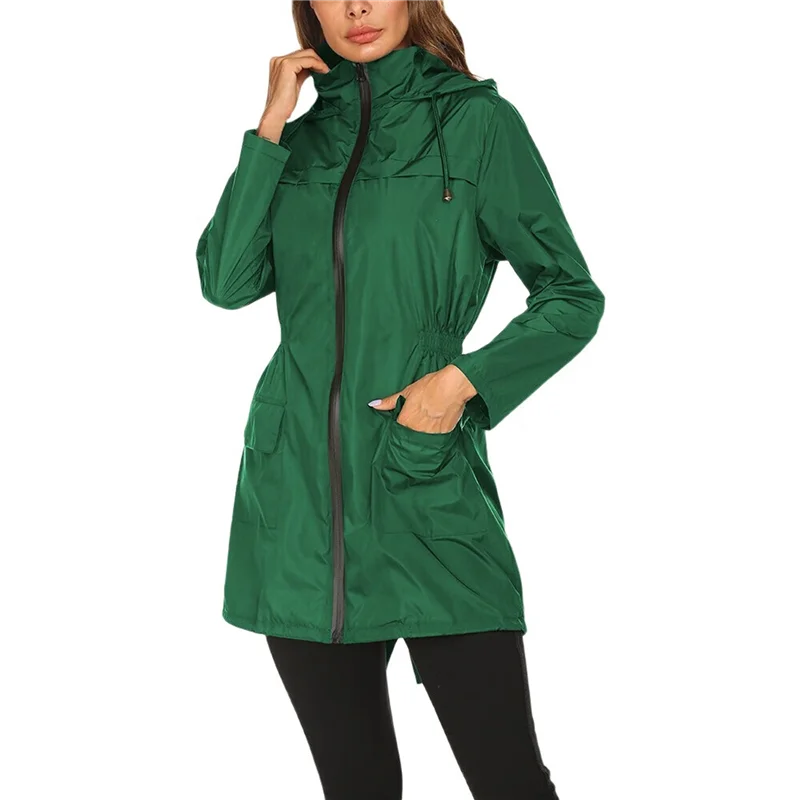 

Женская водонепроницаемая куртка-дождевик средней длины на молнии спереди, уличный плащ с капюшоном