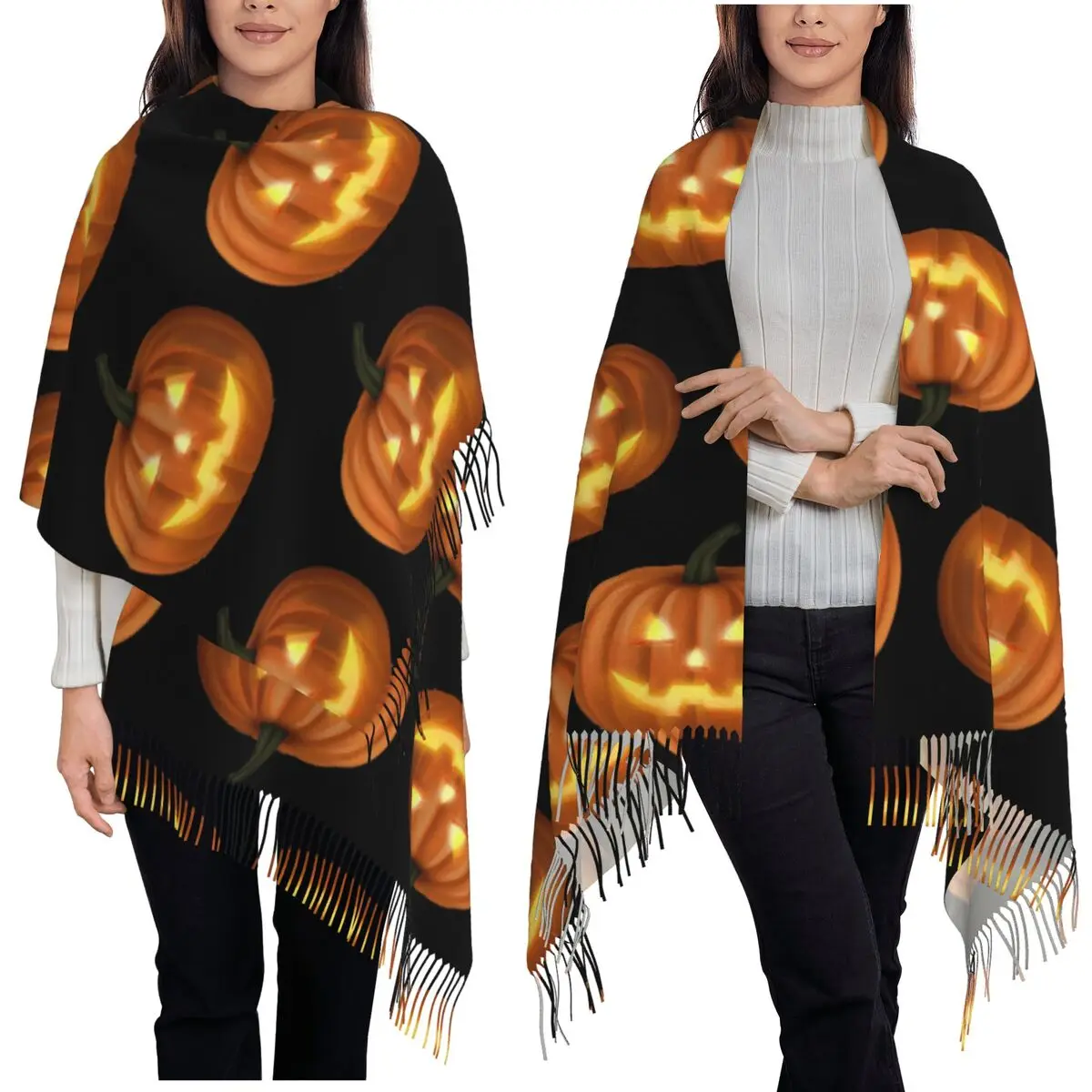 Szal z dynią na Halloween, szaliki z frędzlami dla kobiet, miękkie, ciepłe szale i narzutki, długi szal na jesień i zimę.