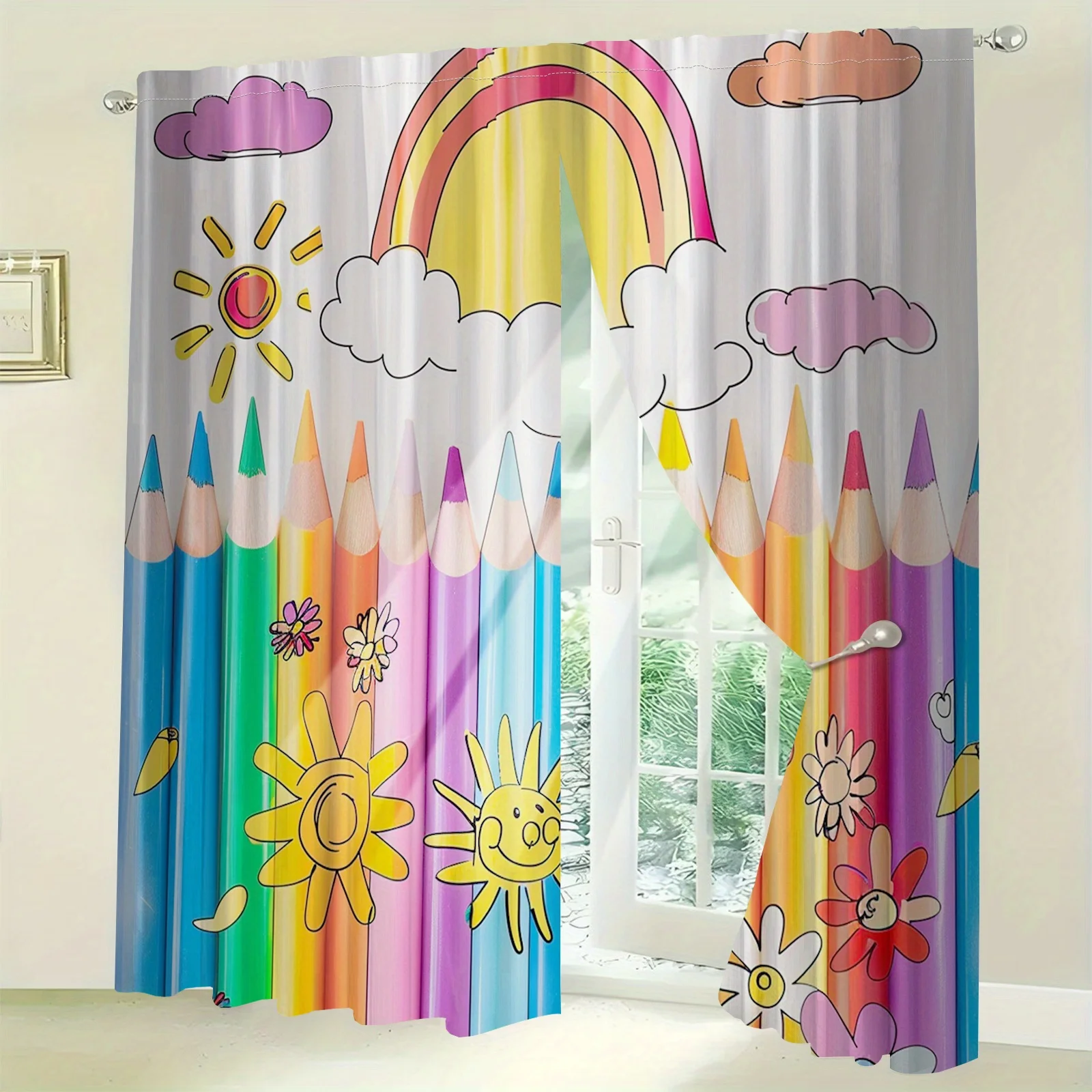Colorful Pencil Curtains, Cartoon Rainbow Sun Print Drapes, Kids School Study Room Decor for Boys Girls Bedroom Window Treatment