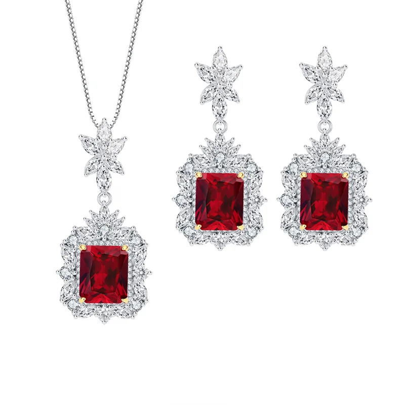 S925 Full body silver Tiktok hot sale women's popular pigeon blood ruby vintage style pendant jewelry ring set 10 * 12