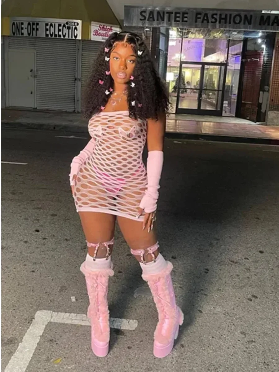 Rosa mini vestido feminino sem alças sheer sem costas sem mangas magro vestido feminino festa noite clubwear malha lingerie vestido 0k78