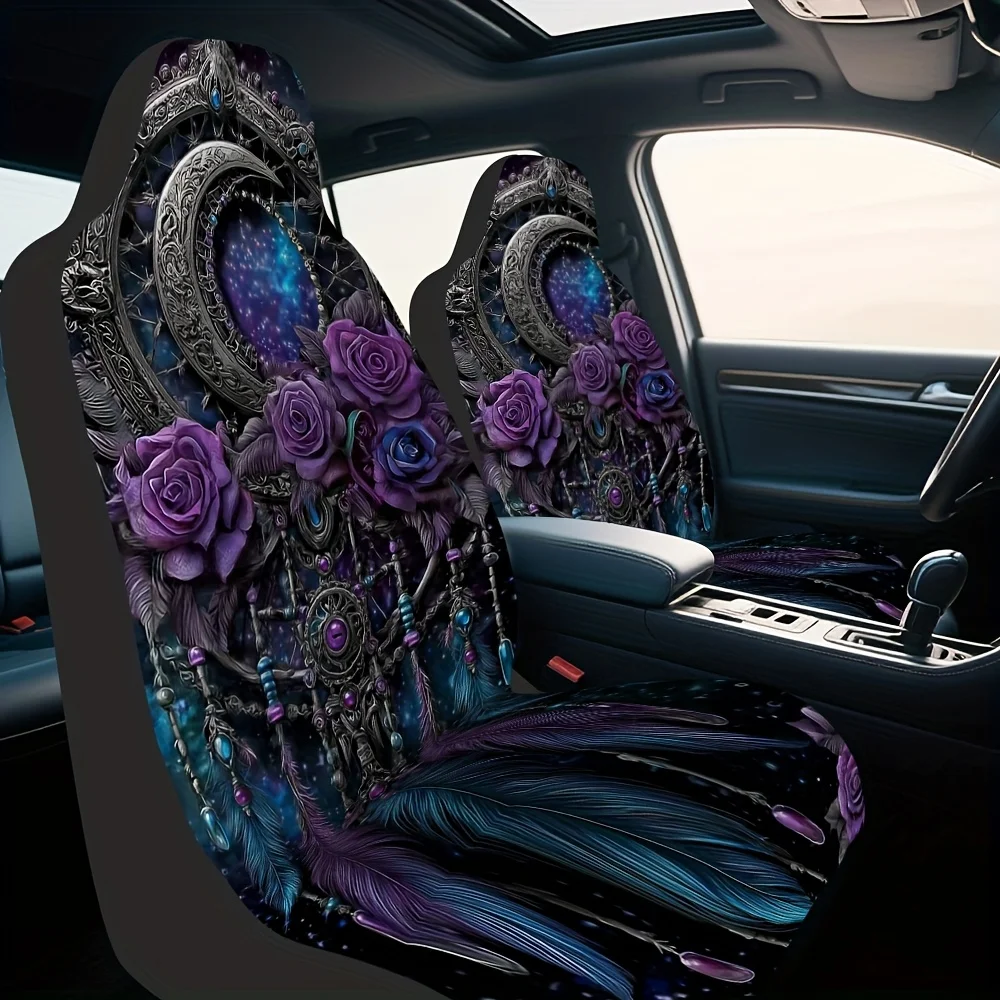 2pcs, Stylish Dreamcatcher With Moon Roses Pattern Seat Covers, Fit For Front Seats Of , SUV, And Truck, Keeps Front Seats Cle