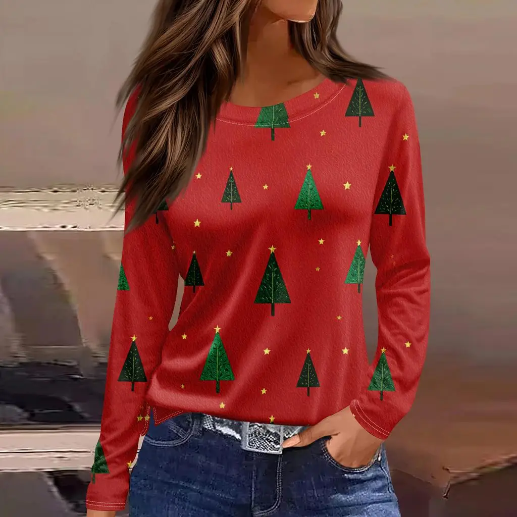 Christmas style women's 3D Christmas tree print pullover round neck long-sleeved T-shirt festive color casual loose autumn top