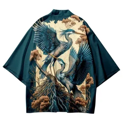 Japanese Crane Pattern Casual Kimono Summer Beach Haori Cardigan Yukata Tops Retro Samurai Harajuku Oversized Men's Clothing