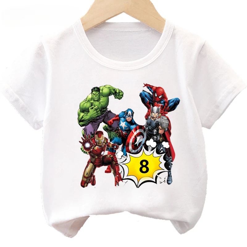 Summer 2 3 4 5 6 7 8 Birthday Marvel SuperHero Short Sleeved Child Cotton T-shirt The Avengers Party Kids Clothes Baby Tees Tops