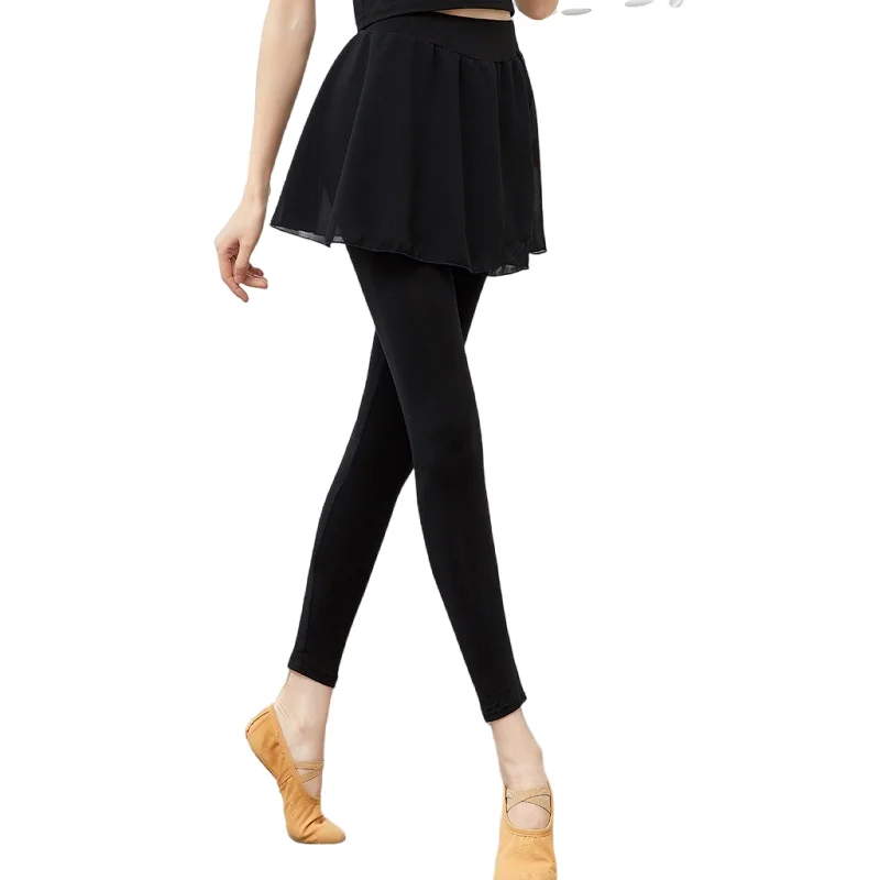 Women Dance Leggings Chiffon Skirt Pant One Piece Capri Culottes Dancer Daily Training Basic Wear Flowy Tights for Ballroom BLK