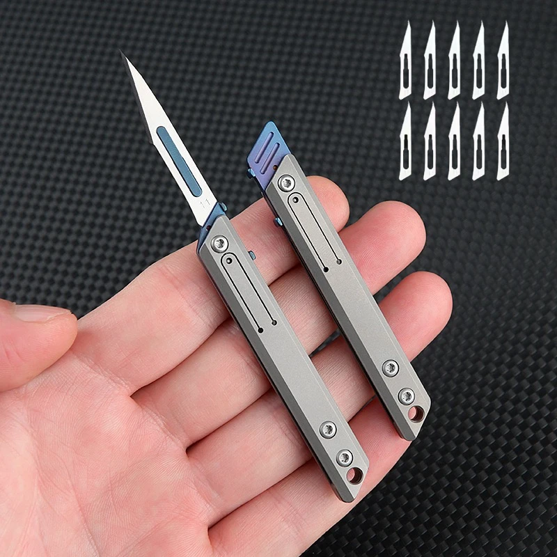 Mini Titanium Alloy Folding Surgical Knife, Medical Outdoor Open Box Portable Surgical Knife with 10pcs Replaceable Blades