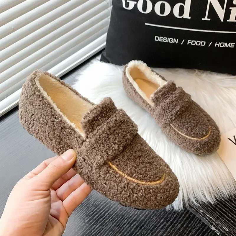 Women\'s Autumn Winter Casual Fashion Lamb Wool Plus Velvet Warm Cotton Flat Loafers Single Shoes Comfortable Ladies Beans Shoes
