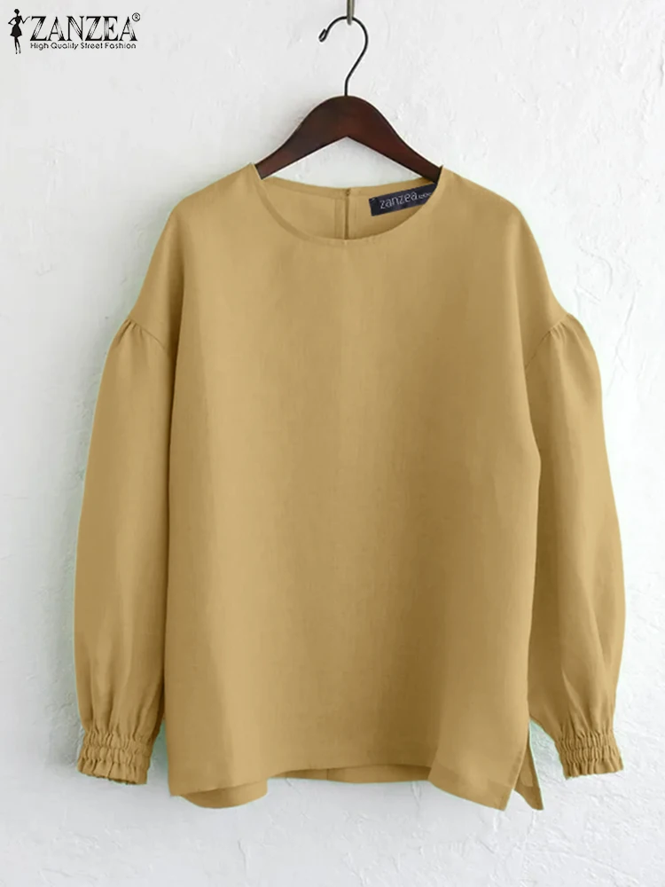 

ZANZEA, женская блузка с длинным рукавом, стильные топы, осень 2023, однотонные элегантные офисные женские рубашки с круглым вырезом и пышными рукавами, модная туника Blusa