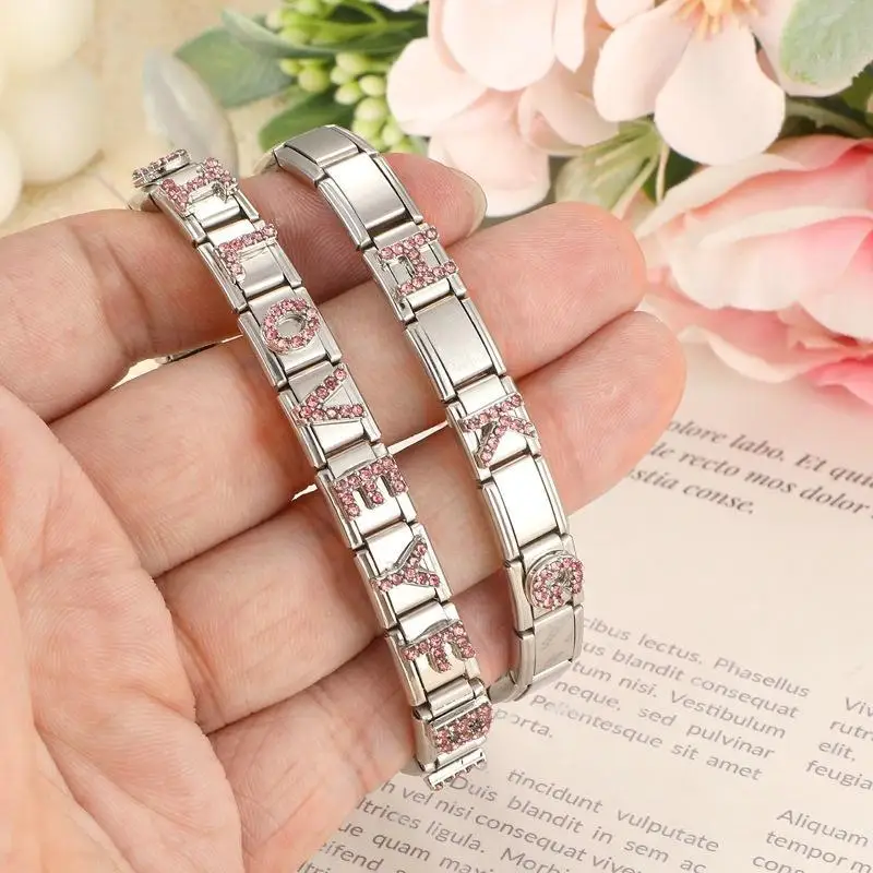 1pc Micro Inlaid Pink Zirconia Full Zircon 26 English Letters Italian Charm  Fit 9mm Stainless Steel Bracelet DIY Jewelrys