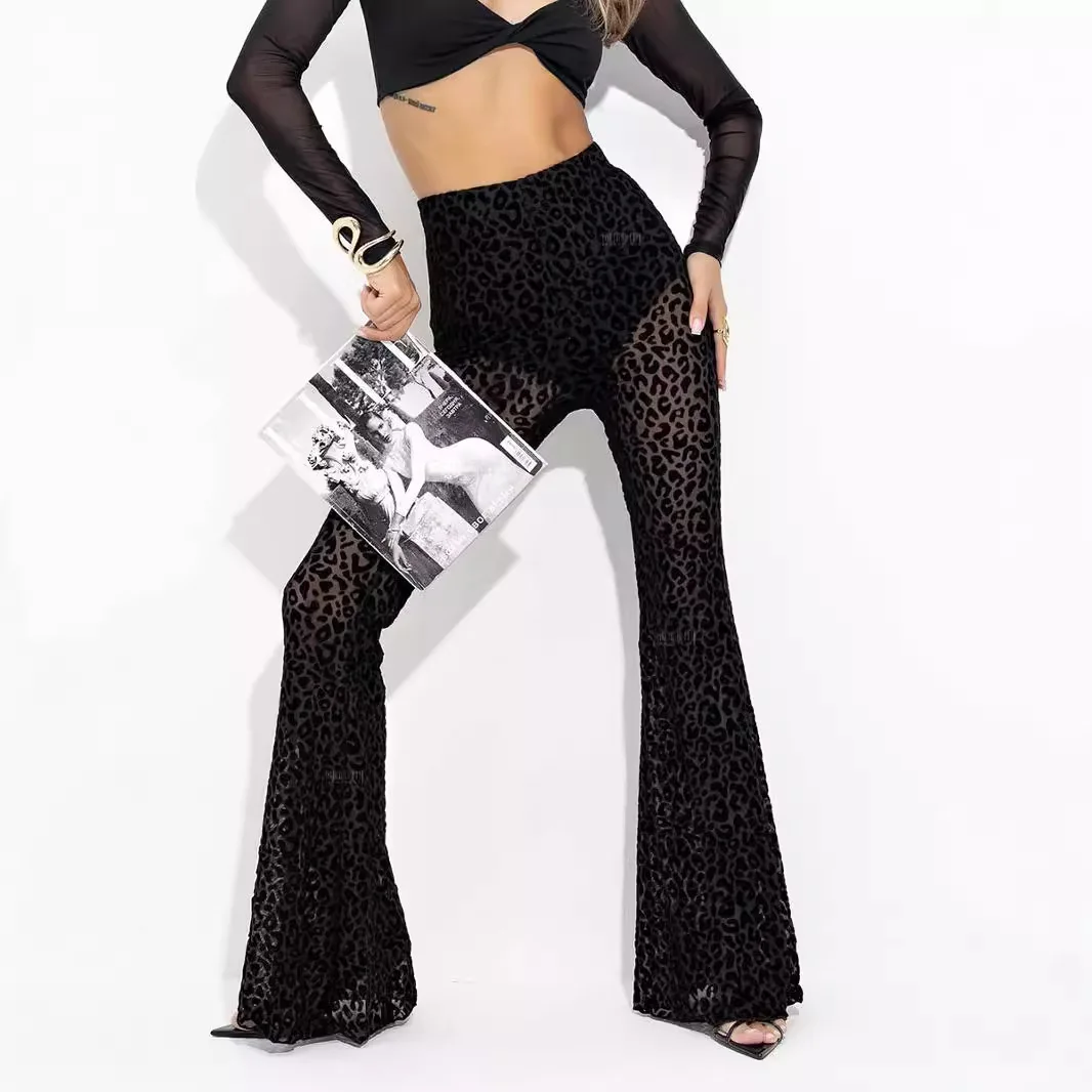 Women's High Waist Fleece Lined Mesh Casual Pants Long Voluminous Legs Illusory Cleanfit Style Cotton 100% PVC Splicing