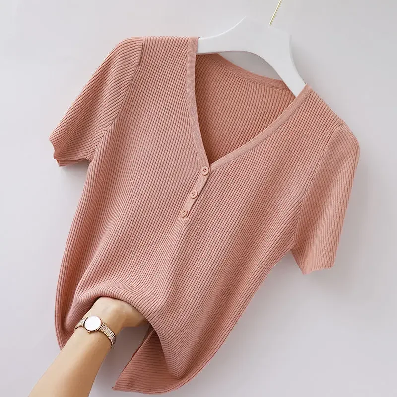 Casual Knitted Short Sleeve T-shirt for Women\'s Summer Outer Bottoming Tops 2024 New V-neck Solid Button Slim Knit Sweater Tees