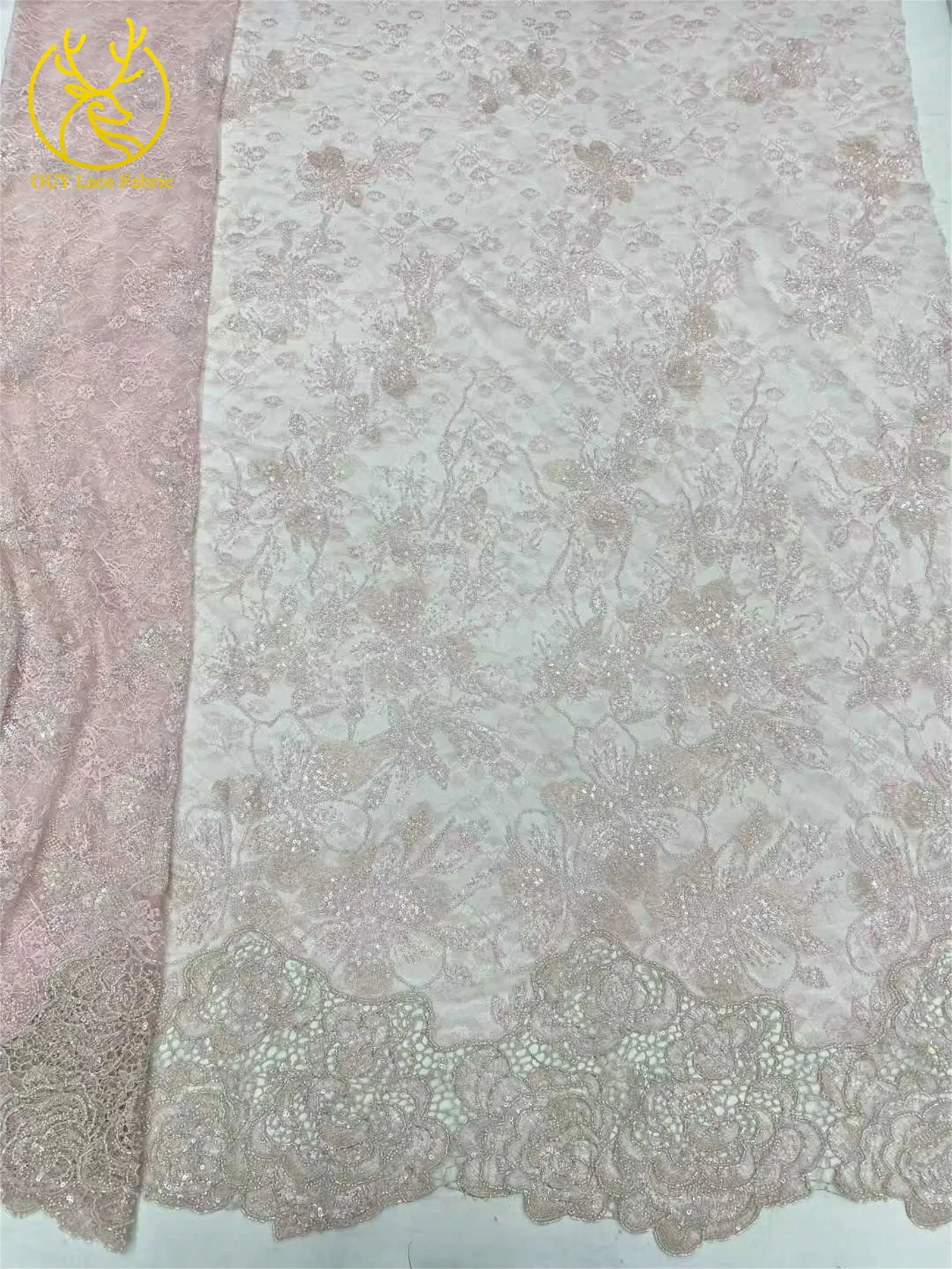Afrikanischer nigerianischer Brautkleidstoff mit Perlen und Spitze 2026 – Hochwertige Pailletten-Stickerei auf französischem Tüllnetz für Hochzeitskleider zum Nähen, 5Y – Detail 11