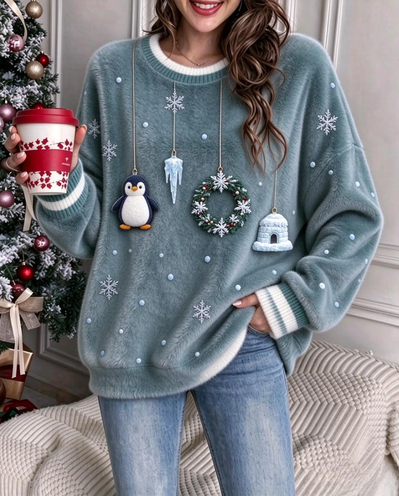 Soft Flannel Christmas Sweatshirt for Women Penguin Nutcracker Ornaments Crew Neck Casual Pullover