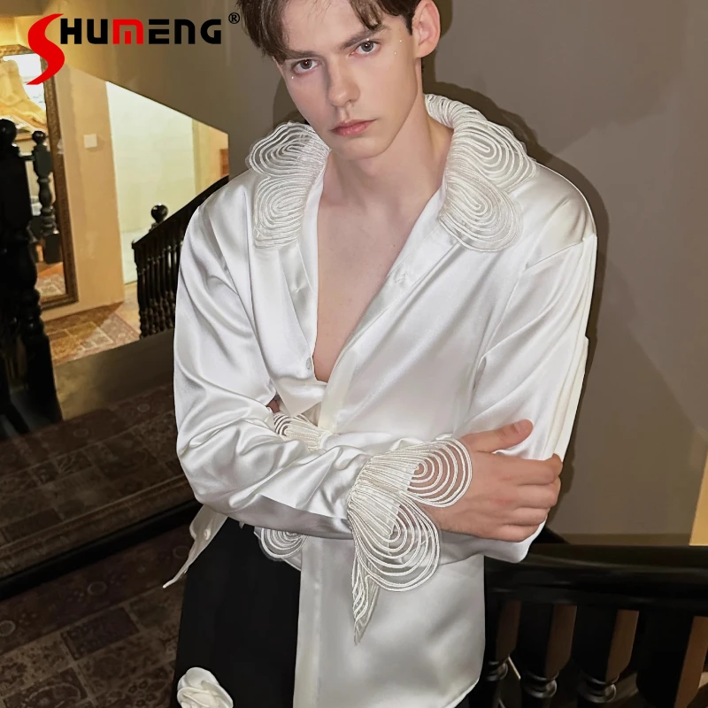 

Men's 2025 Summer New Silky Smooth Satin Trendy Tops Male Niche High-end Mesh Gauze Long-sleeve Shirts Men's Loose Comfort Shirt