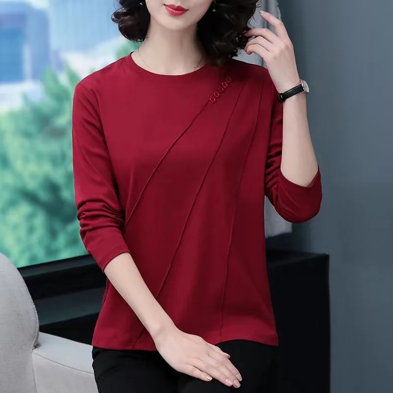 Spring and Autumn Women's Long Sleeve Pullover Solid Loose Casual Button Fold Fashion Elegant Commuter Round Neck T-shirts Tops