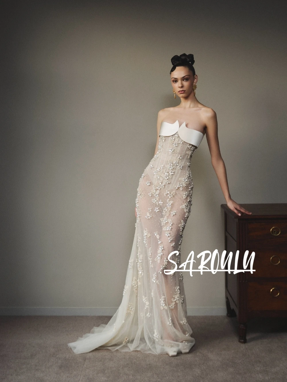 

Statement Beaded Appliques Evening Dress Dreamy Runway Style Strapless Mermaid Customized Cocktail Gown Formal Events Wear