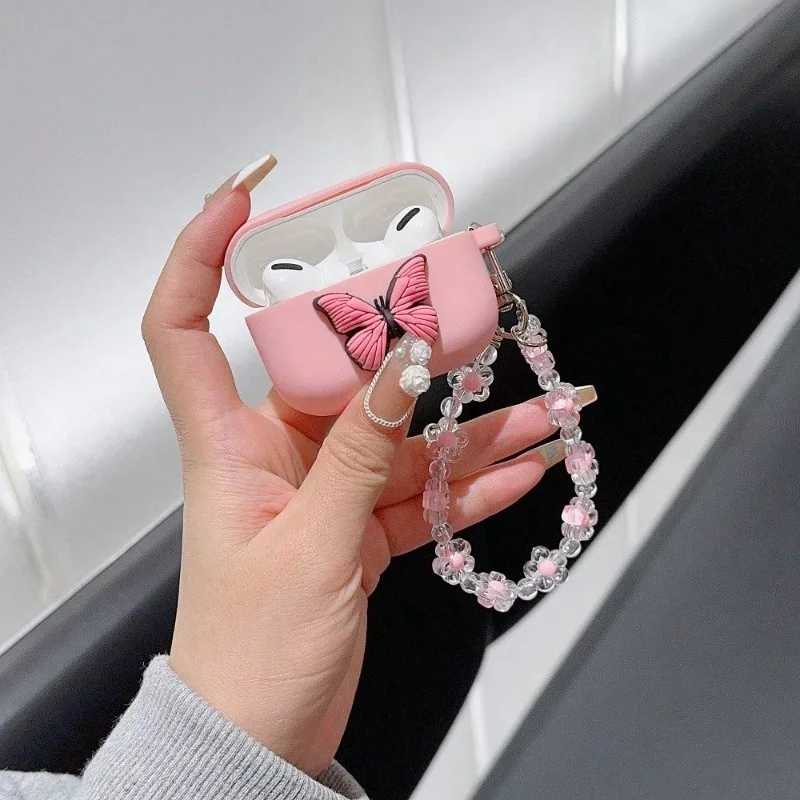 

Cute Butterfly Decor Silicone Earphone Case For Airpods 4, 3, 1, 2, Pro, Pro2 Headphones Case Protective Case with Beaded Chain