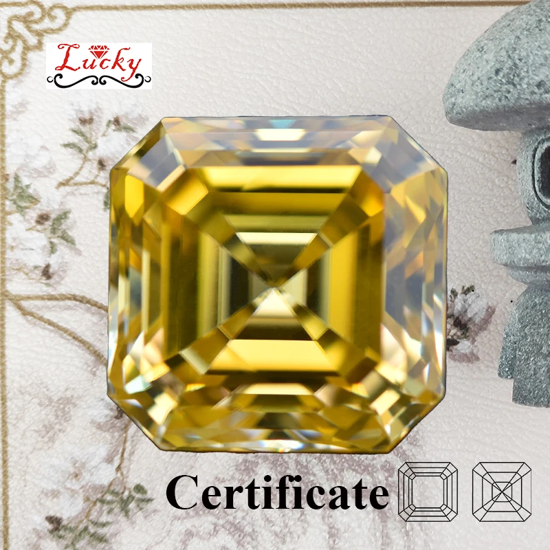 

Moissanite Asscher Shape Top Quality Golden Yellow Color for Charms Jewelry Making Earrings Ring Materials with GRA Certificate