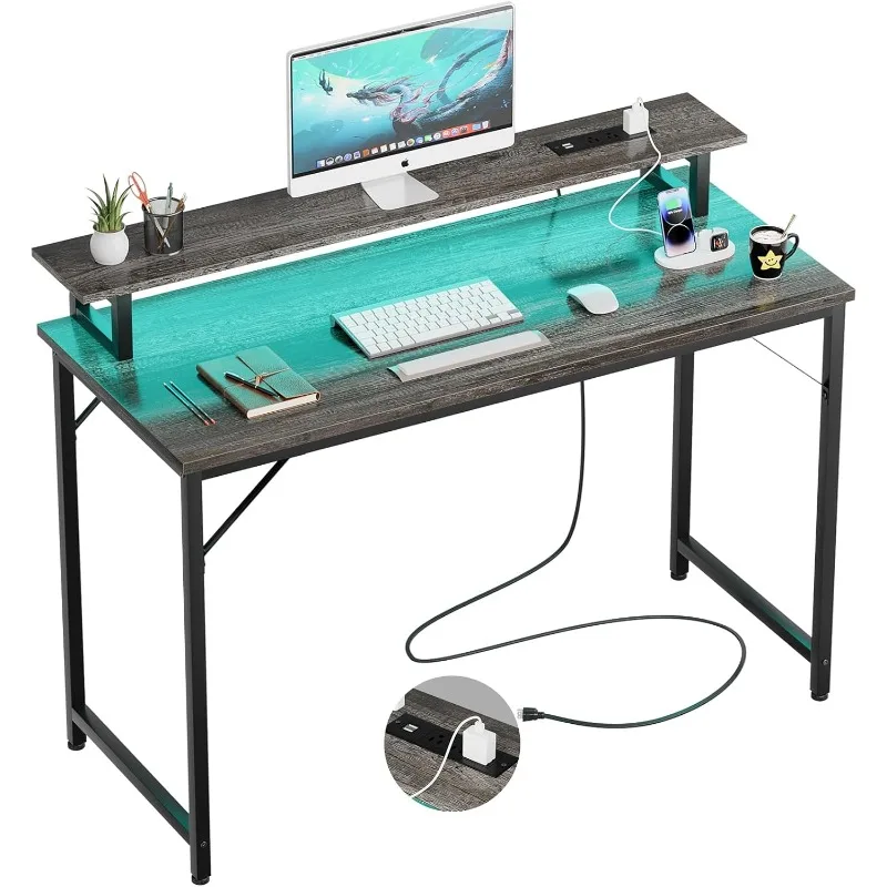 

47 inch Computer Desk with Power Outlets, abd LED Lights, Home Work Desks with Monitor Shelf, Modern Office