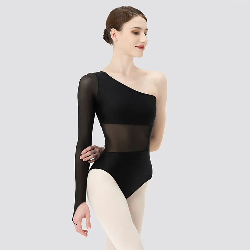 New Black White Ballet Leotards For Women dissymmetry Oblique shoulder Mesh Splice Dance Wear Gymnastics Leotard Yoga Bodysuits