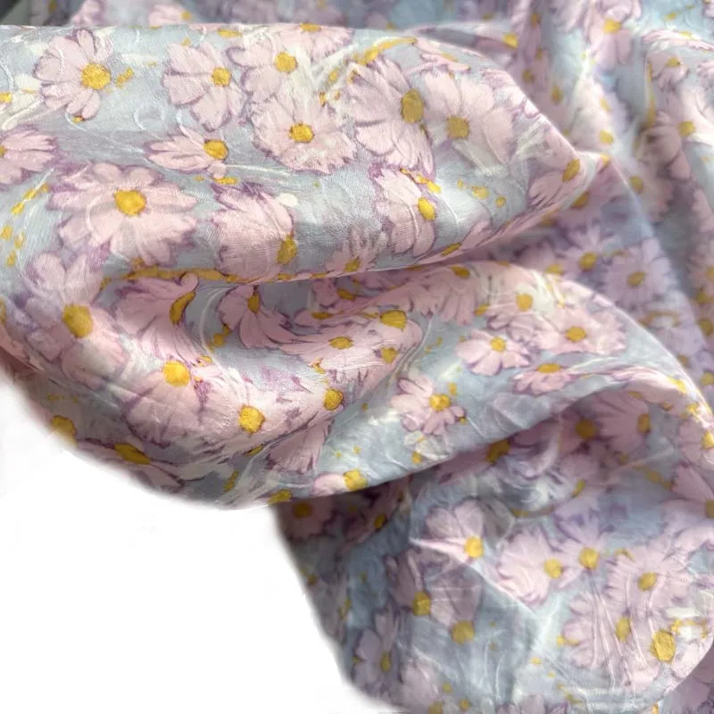 

100% Lyocell Gauze Dobby Pink Purple Daisy Flower Floral Sheen Thin Fabric for DIY Cheongsam Summer Mori Girl Shirt Dress Blouse