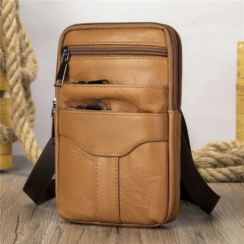 Fashion Men\'s Messenger Bag Solid Color PU Bag Mobile Phone Shoulder Bag Small Travel Waist Bag Multi-Pockets Male