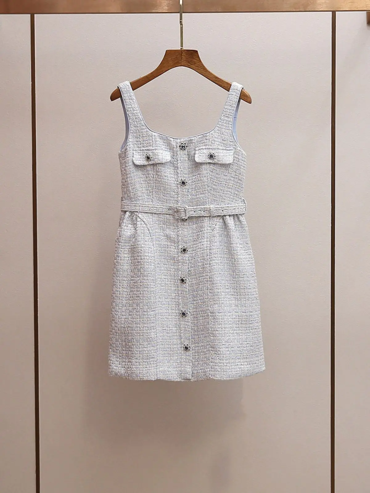 

Spring/Summer Women Square Neck Sleeveless Tweed Rhinestone Mini Dress Belt Single Breasted High Waist A-line Elegant Dress