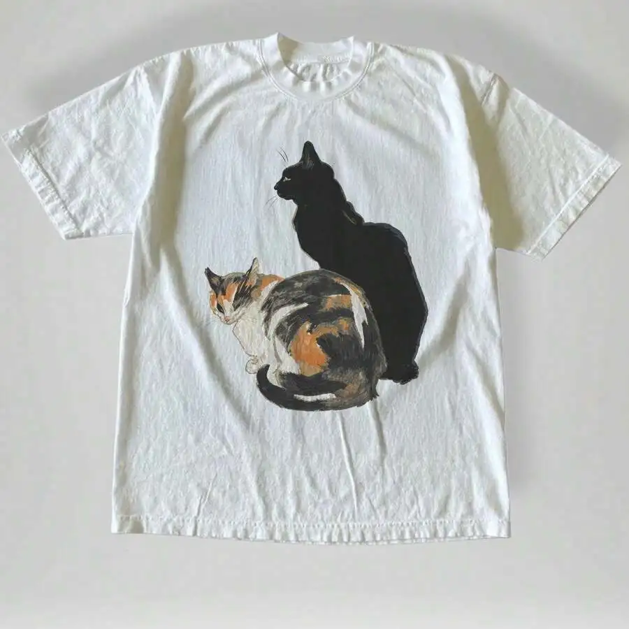 Cat‑Lovers Graphic Tee Unisex Vintage Oil Painting Two Cats Artistic Animal Print Crew Neck Short Sleeve Loose Street Casual Daily Tops