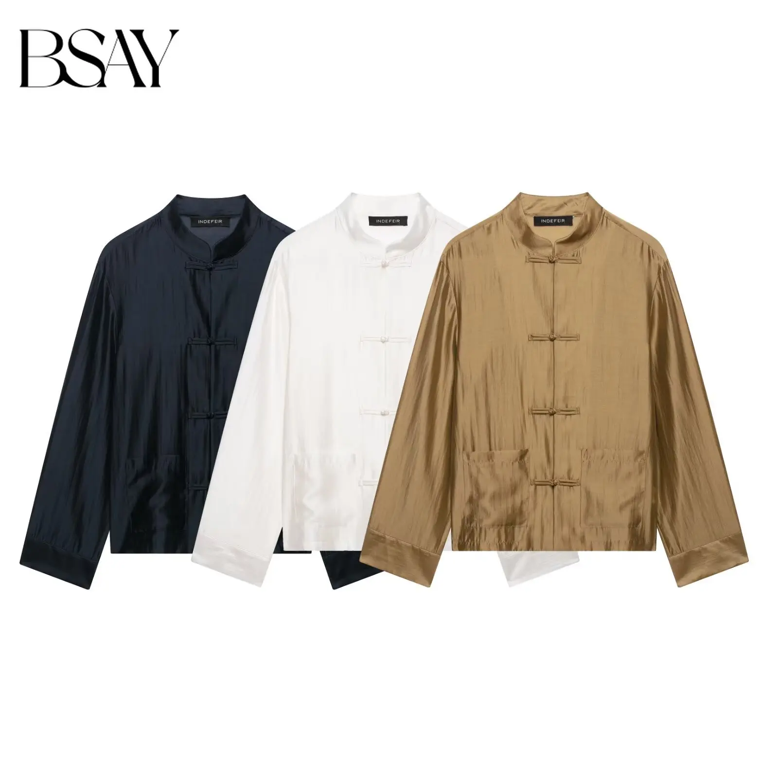 BSAY 2026 New Chinese Style Satin Frog Button Women's Shirt Long Sleeve Stand Collar Retro Top Solid Color Elegant Casual Blouse