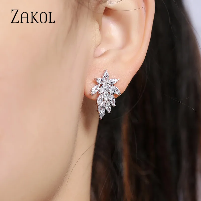 ZAKOL Trendy High Quality Marquise Cubic Zirconia Leaf Stud Earrings for Women Bridal Wedding Diner Party Birthday Jewelry EP558