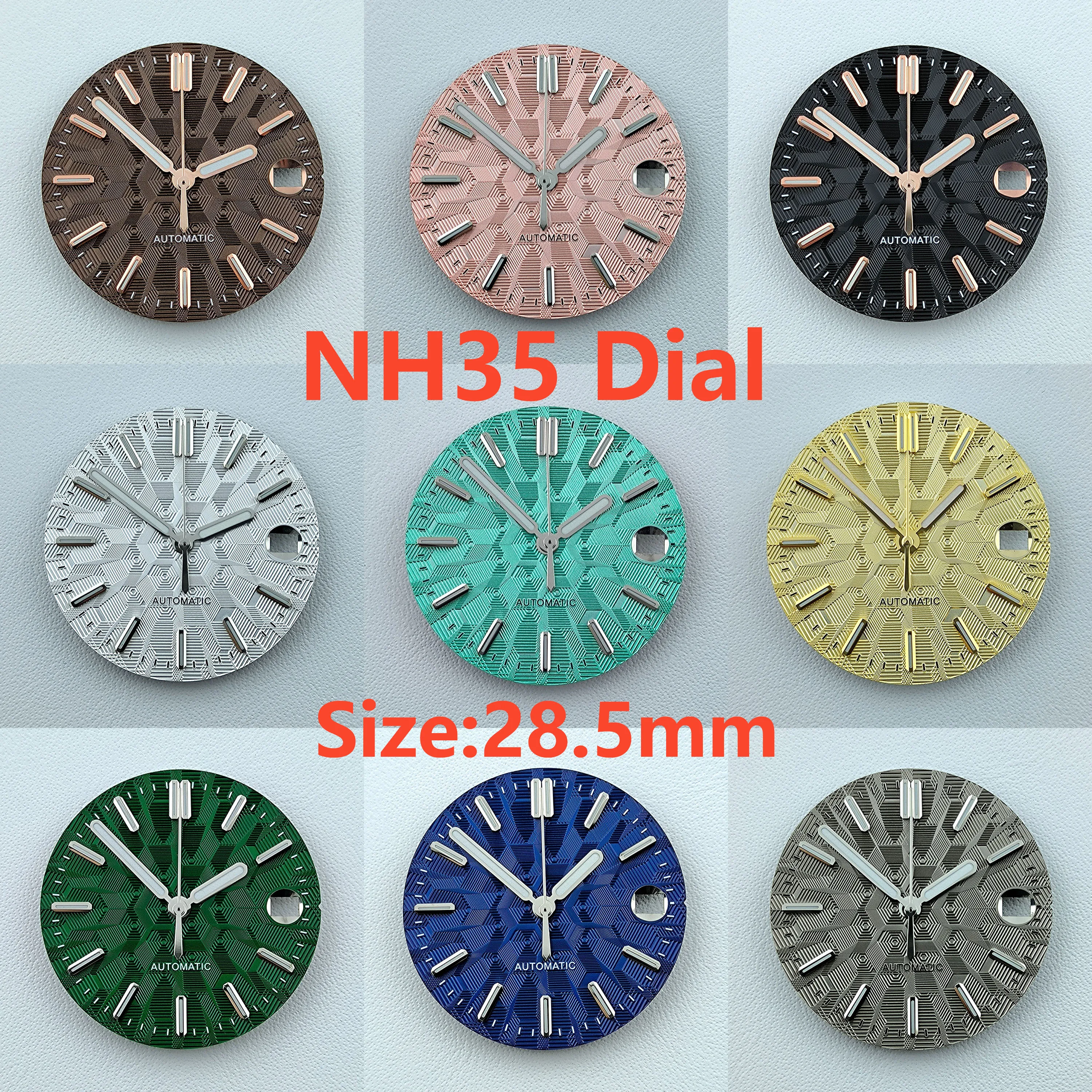 NH35 dial ไม่มีโลโก้โลโก้ที่กําหนดเอง Dial 28.5 มม.สีเขียวส่องสว่าง Fit NH35 นาฬิกาอุปกรณ์เสริมนาฬิกาอะไหล่