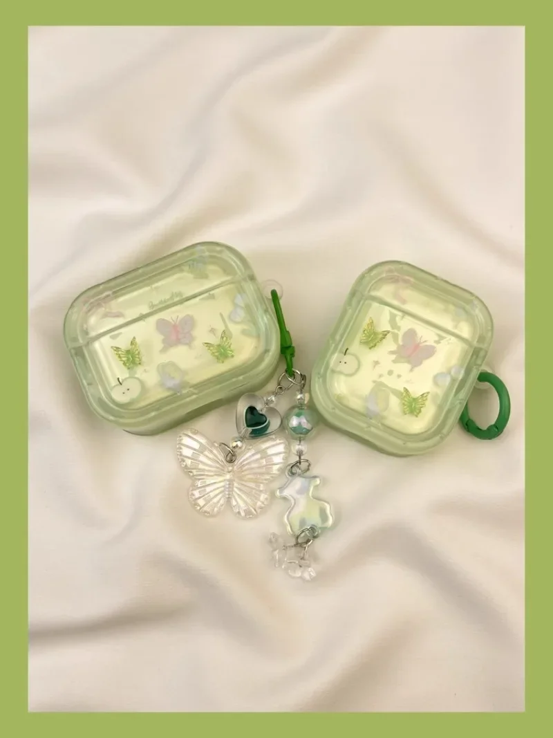 Zomergroene kubieke vlinderhoes voor Airpods1/2/3/pro Draadloze Bluetooth-hoofdtelefoonhoes met prachtige armband Mode-sieraden