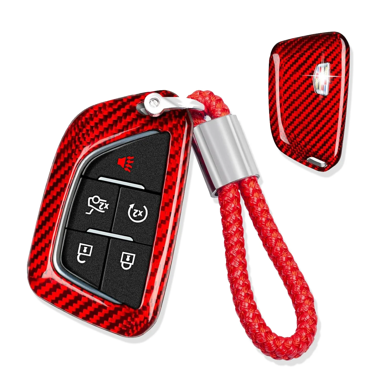 

Real Carbon Fiber Key Fob Case Cover Shell Protector With Keychain For Cadillac Escalade CT4 V Cadillac CT5 Sport (RED))