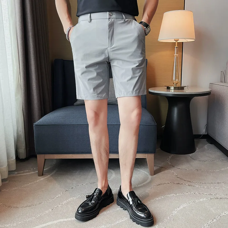 2023 Summer High Elastic Ice Silk Shorts Men Simple Casual Breathable Short Pants Formal Business Slim Knee Length Short Pants