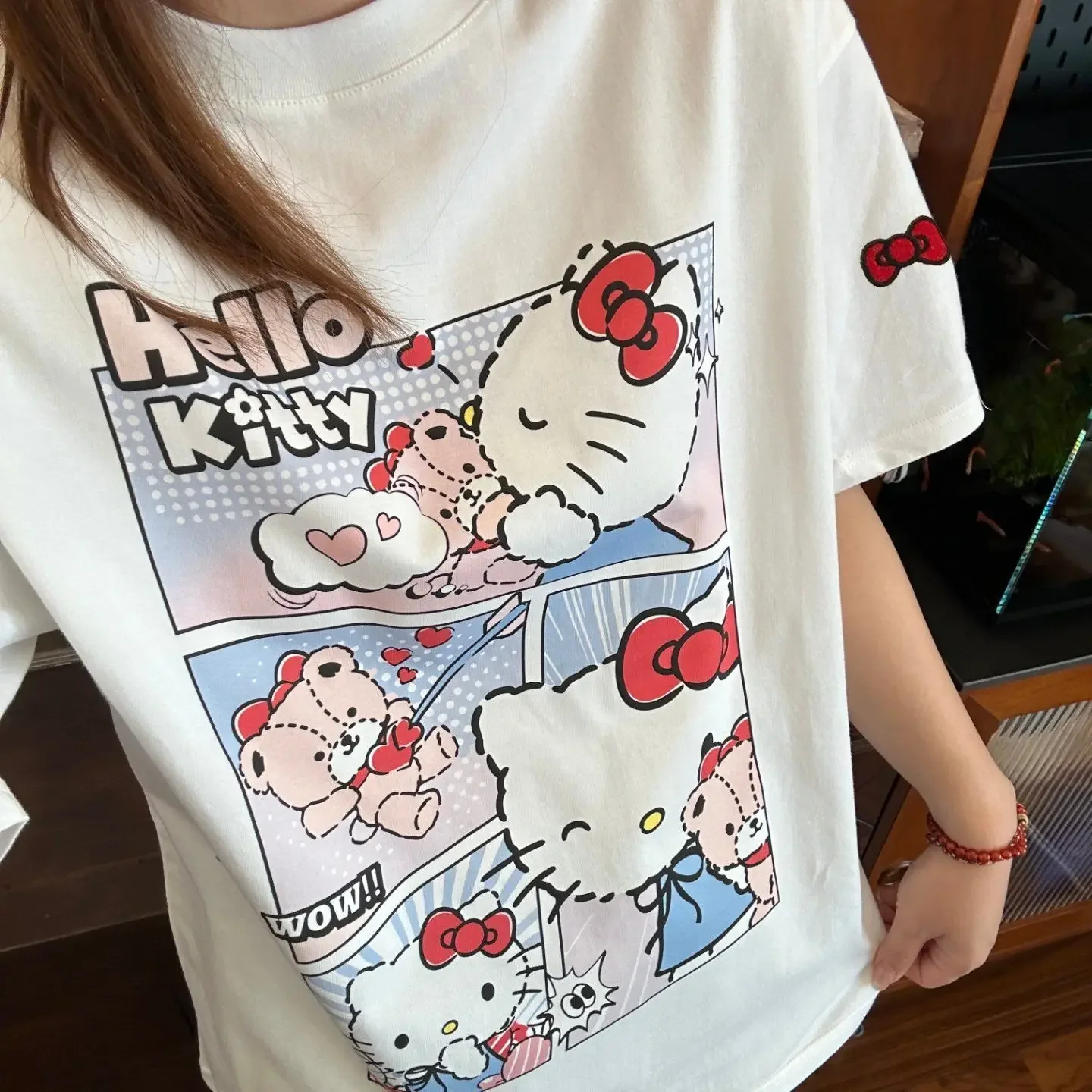 Sanrio Hello Kitty Comic Parent Child Tee Men's Women's White Retro Cool Graphic Art Print Oversized Short Sleeve Streetwear Top