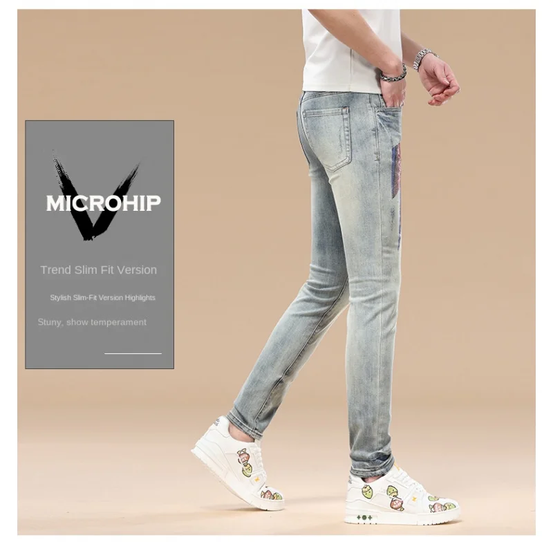 

Модные мужские джинсы с принтом, модные брендовые облегающие брюки с маленькой стрейчкой, весна-лето 202, новые высококачественные легкие роскошные длинные брюки