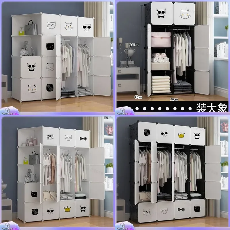 Simple Folding Wardrobe Plastic Assembly Steel Frame Storage Cabinet Moisture Proof Dormitory Closet Organizer Grid Shelves