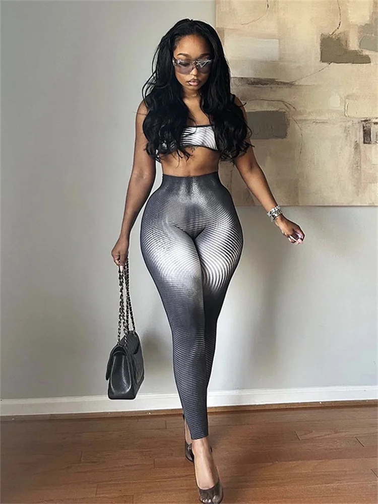 

Insglas Two Piece Set Sporty Gradient Print Women Sexy Stretch Striped printed Vest+Slimming Leggings Female Matching Track Suit