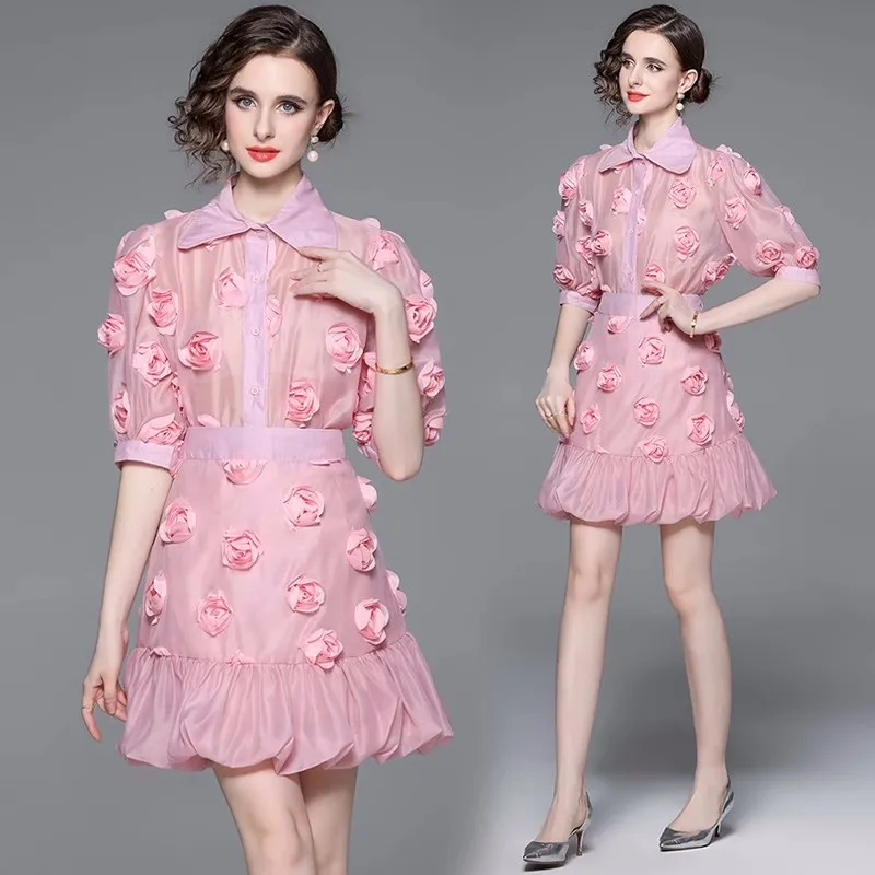 Nuovo Design moda estate floreale due pezzi Set donna rosa 3D Appliques fiore risvolto manica a sbuffo camicia + Mini Ball Gwon gonna vestito