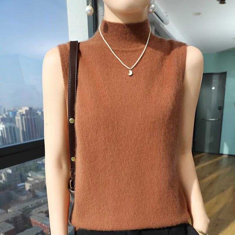 2024 Autumn/Winter Women's Half Turtleneck Sweater 100% Pure Mink Cashmere Waistcoat Sleeveless Knit Outside Fashion Wear Vest