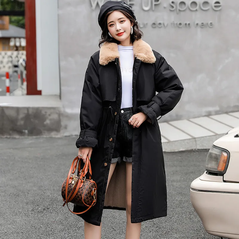 2022 Thick Lamb Wool Down Jacket Women Winter Fur Collar Long Parka Coat Korean Fashion Warm Cotton Outwear Female Slim Trench