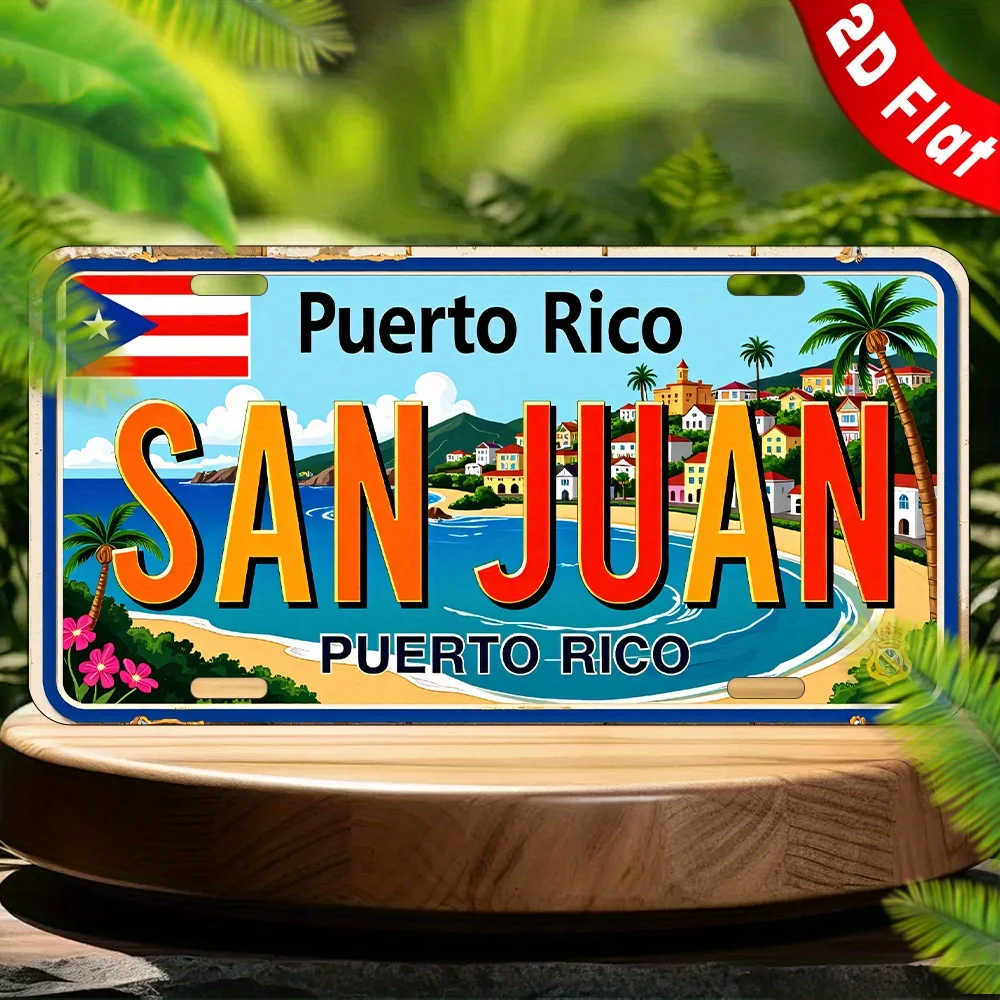 2D Flat - 1pc Vintage Puerto Rico San Juan Metal Sign - 6x12 Inch Aluminum Wall Decor with Tropical Beach Scene, Perfect for Hom