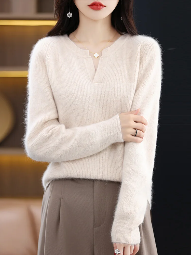 100% Mink Cashmere Knit Pullover Women V-Neck Thicken Sweater Casual Large Size Blouse Autumn Winter New Long-Sleeved Base Shirt