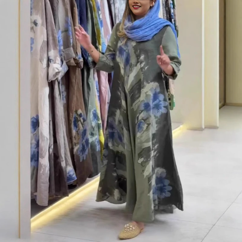 

Print Dress Women Full Sleeve Midi Waist Long Dresses A Line Casual Y2k V Neck Spliced Vestidos Loose Bohemian Summer 2025