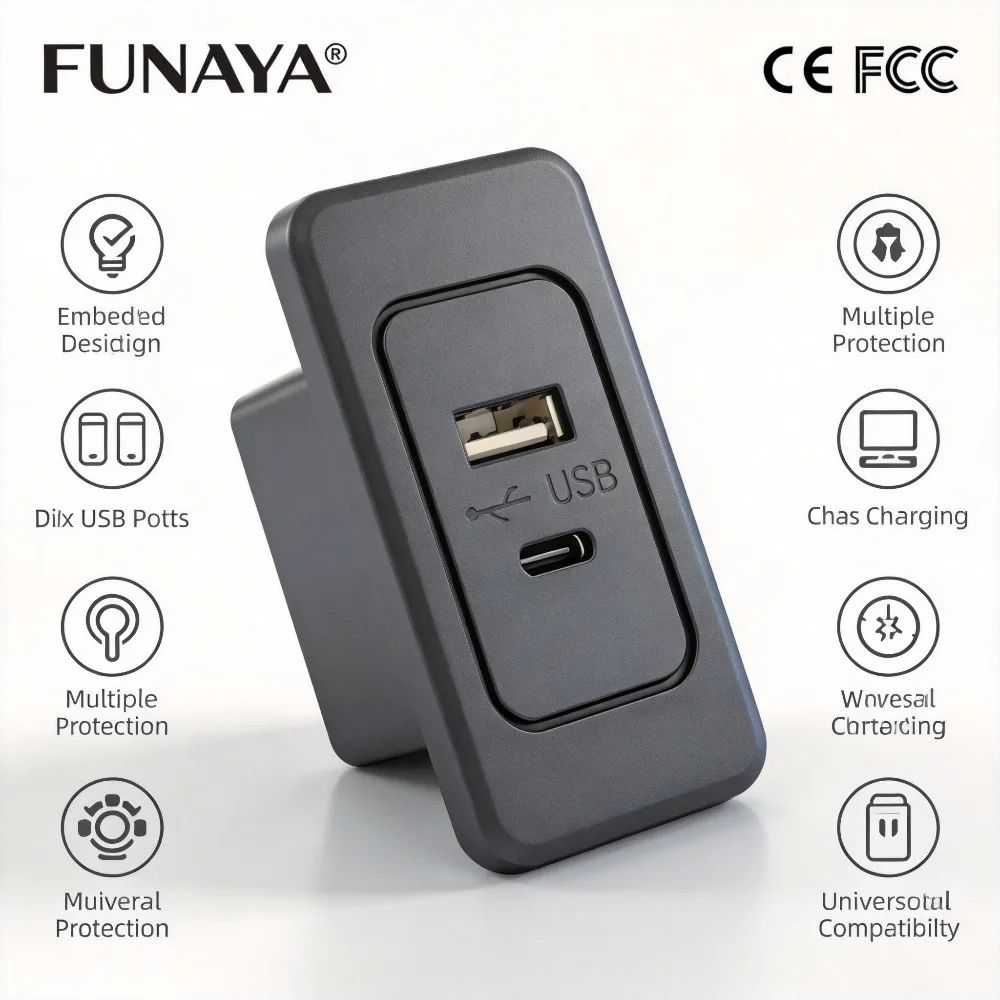 FUNAYA Embedded Square Socket USB A C Interface Built-in Hidden Desktop Furniture 5V Charging Port Countertop Extension Outlets