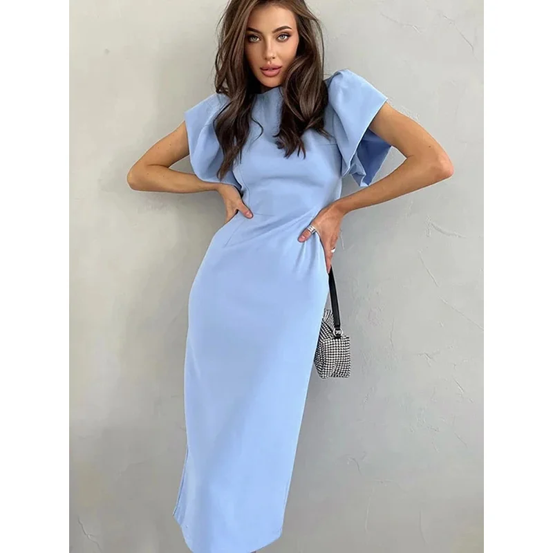 s8s9 أنيقة Bodycon فساتين متوسطة الطول للنساء الصيف عادية كشكش كم شق فستان مكتب موضة شيك الأزرق جديد في D ❤ 2025 ☆